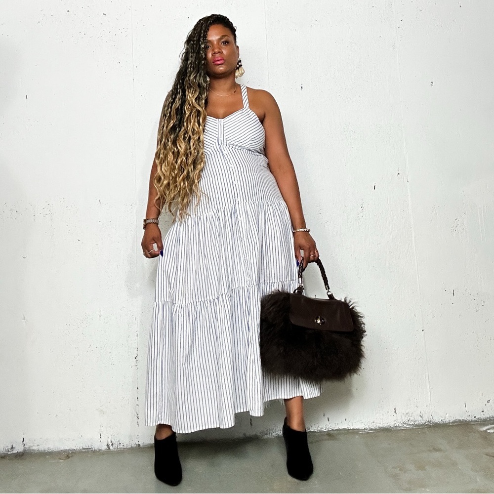 Chic Striped High Low Dress in White and Gray, XL Fits M/L
